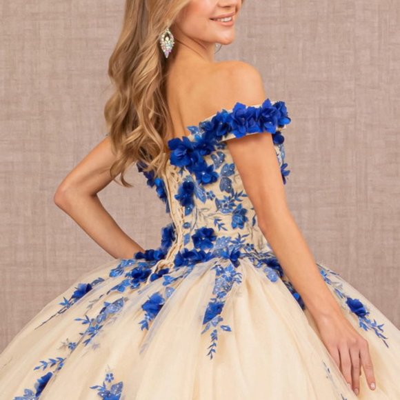 NEW FLOOR LENGTH BALL GOWN WITH FLORAL 3D APPLIQUE GLITTER & LACE UP BACK GL3105 - Picture 9 of 10